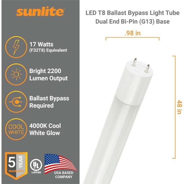 Sunlite 17w LED T8 Light Tube 48-in G13 Base Frosted 4000K Ballast Bypass For Cheap