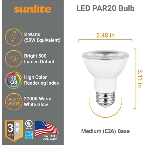 Sunlite 8w LED PAR20 E26 Base Dimmable 2700K Flood Bulb - 50W Equiv Supply