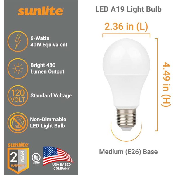 3Pk - Sunlite 6w LED A19 Non-Dimmable 6500K Daylight Bulb - 40w Equiv For Cheap