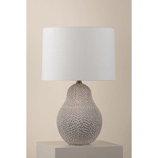 Crater Table Lamp Ceramic Satin White Gold with Patina Brass Accents For Sale