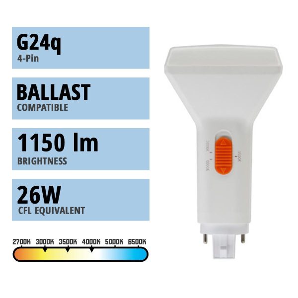 4 Pin PL LED Bulb, 10W, 1150lm, 30K|35K|40K, Vertical, 26W CFL Equal, G24q Base, Electronic Ballast For Discount