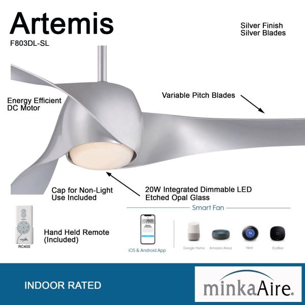 Artemis LED 58   Smart Ceiling Fan with Light and Remote Control, Silver Discount