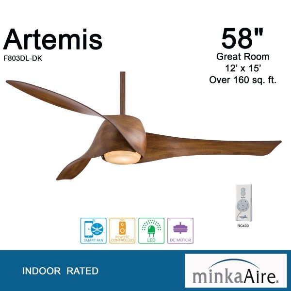 Artemis LED 58   Smart Ceiling Fan with Light and Remote Control, Distressed Koa Discount