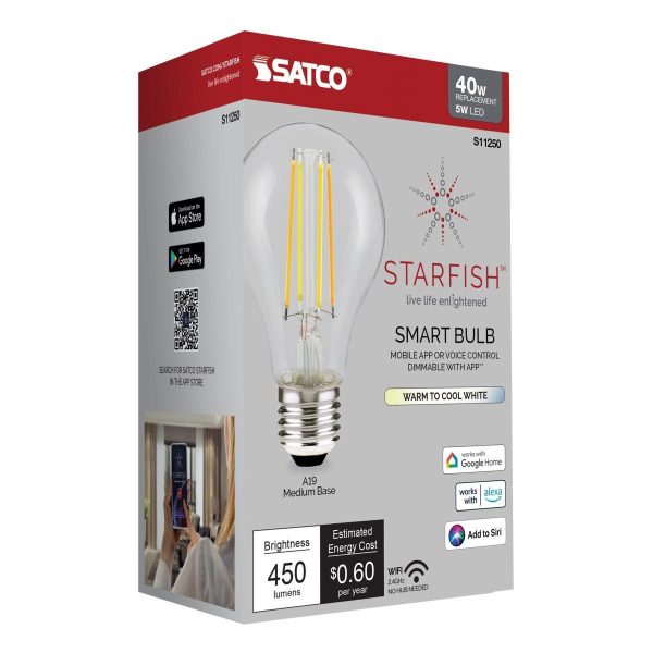 Starfish A19 Wi-Fi Smart LED Filament Bulb, 5W, 450 Lumens, Tunable White, T20 Compliant Online Hot Sale